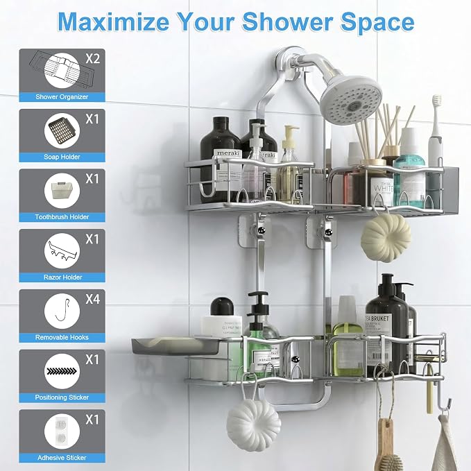 Shower Caddy Hanging Organizer Over Showerhead with Hooks, Silver | Rustproof Hanging Shower Organizer for Handheld Showerheads, Shower Shelves Rack with Razor Soap Holder, Toothbrush Holder