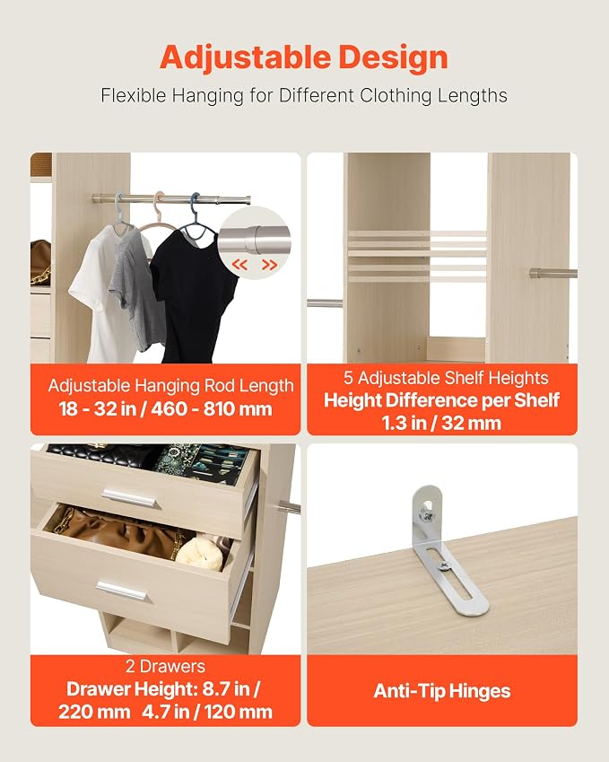 VEVOR Closet System with 2 Drawers, Adjustable Height Wooden Closet Organizers, Modern Walk-in Wardrobe Organization with 5 Retractable Clothes Hanger Rods, Freestanding Garment Rack Storage, Oak