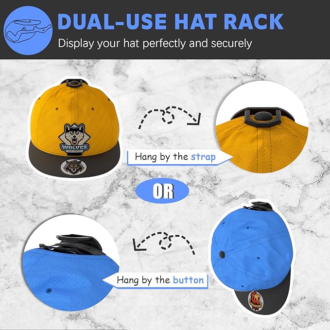 16 Pack Adhesive Hat Hooks for Wall, Super Strong Hat Rack for Baseball Caps, Hat Organizer Display for Home Decor, Hat Hangers Holder for Wall, Door, Closet, No Drilling - USA Patented (Black)