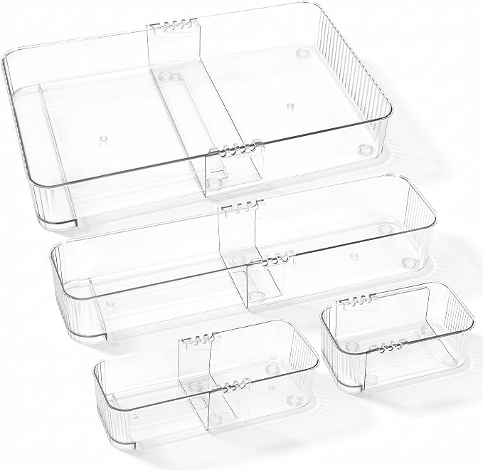 Expandable Drawer Organizer Set, Clear Adjustable Drawer Dividers, 4-Piece Storage Trays for Kitchen, Bathroom, Makeup, Office, Durable PET Material