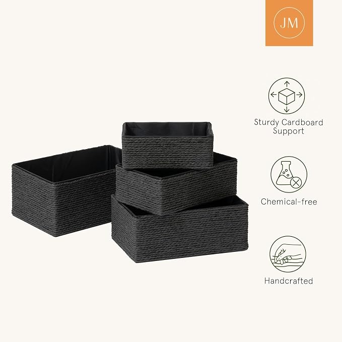 LA JOLIE MUSE Bathroom Basket Organizers, Paper Rope Storage, Black 4 Pack | Stackable, Sturdy Lined Woven Basket, Organizer for Toilet Paper, Laundry Room Essentials, Shelves and Nightstand Drawers