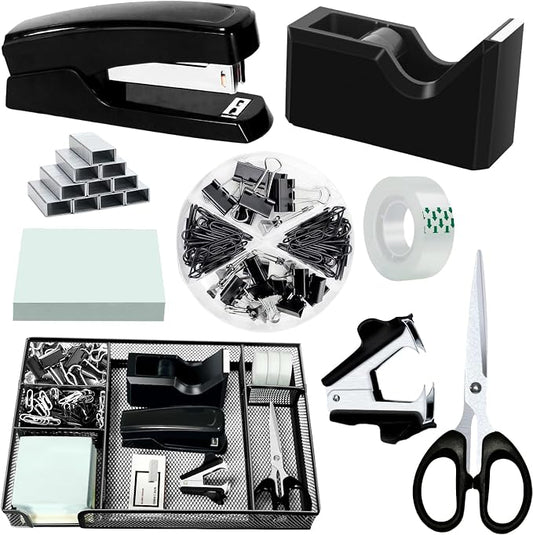 Black Desk Organizer Set, Office Supplies with Stapler and Tape Dispenser | Includes Desk Drawer Organizer,Tape, Staples, Staple Remover, Paper Clips, Scissors and Sticky Notes for a Neat Workspace