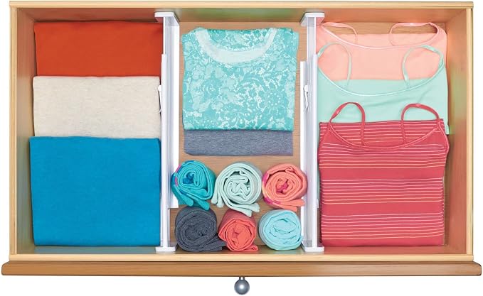 mDesign Expandable Dresser Drawer Divider with Foam Ends, Drawer Divider Locks in Place, Separators for Clothing and Accessories in Closet or Dresser Drawer, Ligne Collection, 4 Pack, White