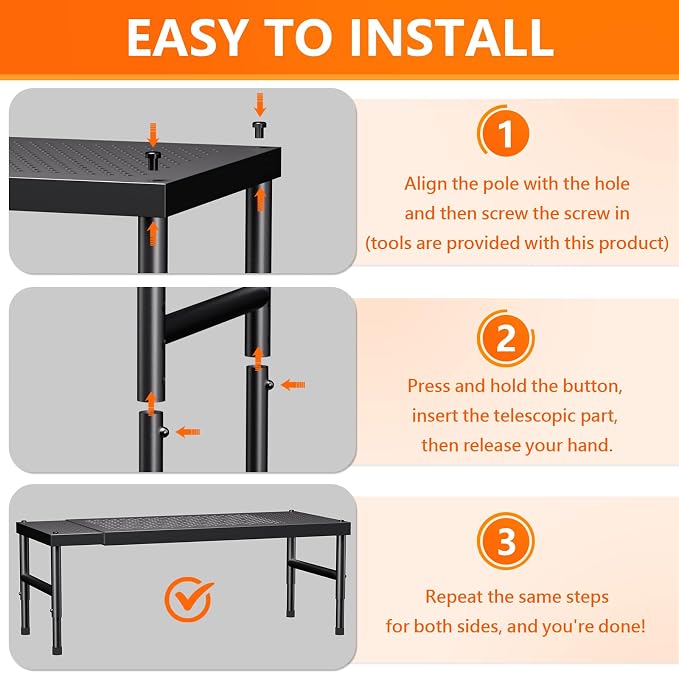 HI NINGER Expandable adjustable stackable kitchen organizer,Spice Racks,Counter Shelf for Cabinets,Small Cupboard Organizers,Heavy Duty Metal Pantry Storage Shelves Racks for kitchen,cabinet
