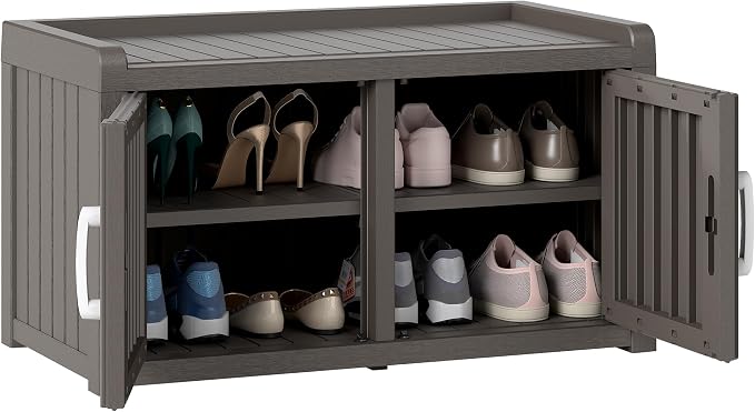 2-Tier Storage Bench, Waterproof UV-Resistant Outdoor Shoe Storage Cabinet with 2 Doors & Adjustable Shelves for Indoor Outdoor Entryway, Hallway, Living Room (Grey)