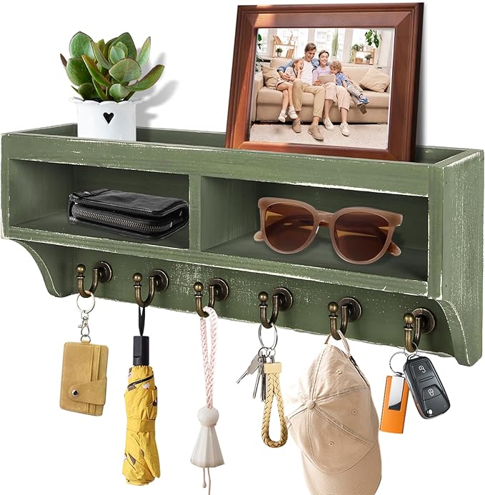 Key Holder Wall Mount with Mail Organizer, 6 Hooks & Shelf, Green | Wood Key Holder Wall Mount with 6 Key Hooks, Shelf & Storage Box and Mail Organizer for Entryway, Apartment, Home and Office