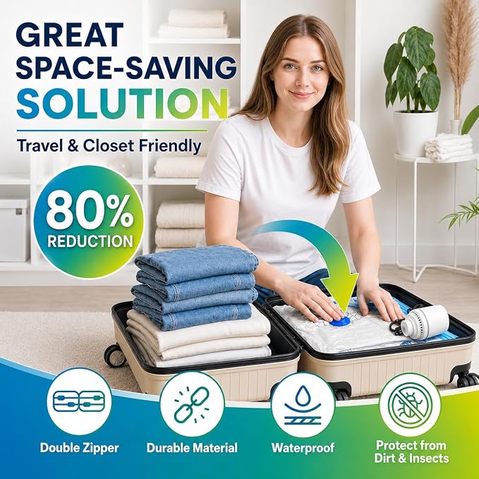 Vacuum Storage Bags,30Pack Vacuum Seal Bags with Electric Air Pump,Vacuumm Seal Bag for Clothing,Travel,Clothes,Comforters,Blankets,Pillows-6 Jumbo+6 Large+6 Medium+6 Small+6 Roll Up Space Saving Bag