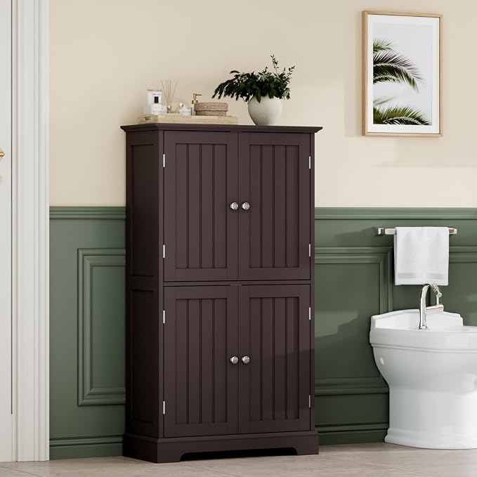 ChooChoo Bathroom Floor Cabinet with Adjustable Shelves | Bathroom Storage Cabinet, 4 Doors, Freestanding Cupboard for Living Room, Espresso