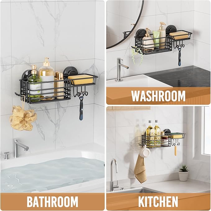LEVERLOC Suction Cup Shower Caddy, Bathroom Shelf With Hook & Soap Holder | Black Shower Caddies, Soap Holder, No Drill Bathroom Caddy, Heavy Duty Shower Organizer, Removable Bathroom Shelf