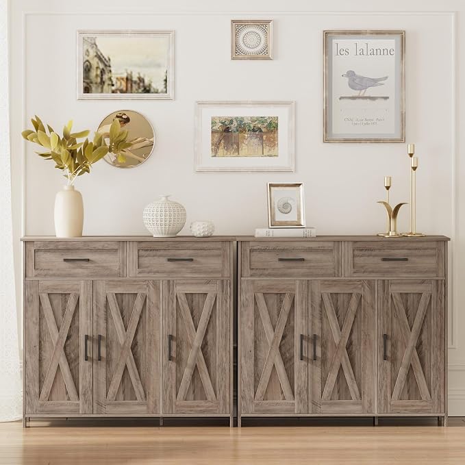 Homhedy Coffee Bar Storage Cabinet with Drawers, Kitchen Buffet Cabinet | Sideboard Cabinet with Doors, Farmhouse Buffet Cabinet, Adjustable Shelves, for Kitchen / Dining / Living Room, Greige