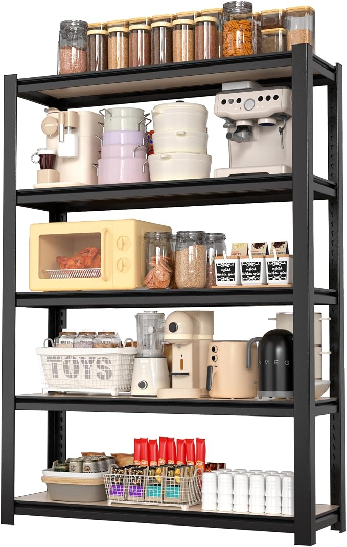 WORKPRO 5-Tier Black Shelving with Board, 36.2”Wx16.5”Dx72”H, 3000LBS Load | Adjustable, Heavy Duty, 3000lbs, Boltless Shelving for Kitchen, Living Room, Garage