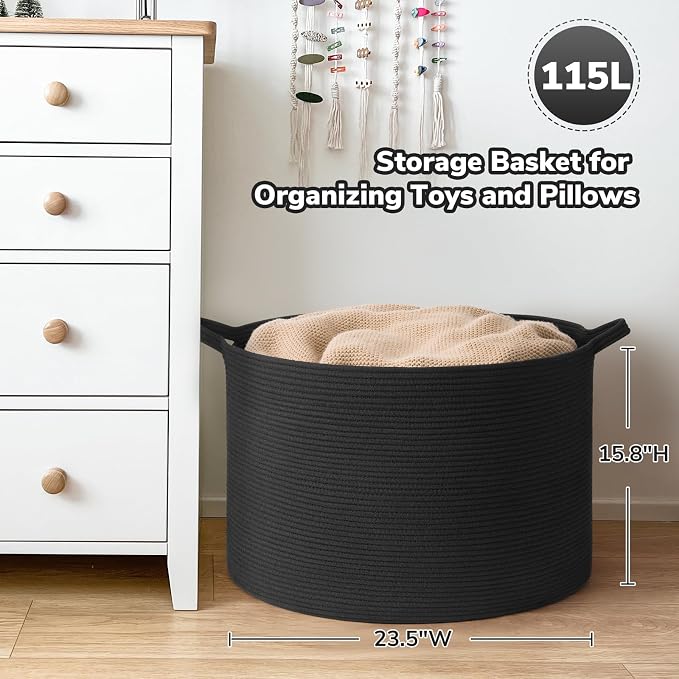 Goodpick Extra Large Woven Rope Basket for Blankets Living Room, 115L | 23.5 x 23.5 x 15.8 In Woven Basket for Storage, Kids Toy Storage for Playroom, Laundry Basket for Towels, Balck