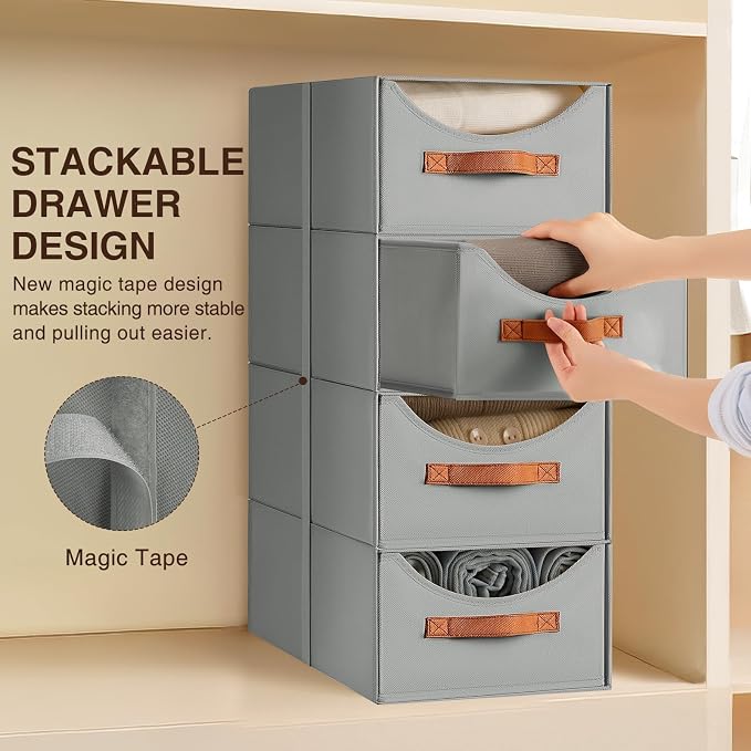 Homsorout Stackable Storage Drawers - Large Collapsible Storage Bins with Drawers, 8 Pack Closet Shelf Organizer Basket, Fabric Pull Out Organizer for Bedroom, Living Room, Dorm, Grey