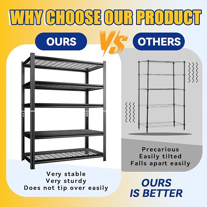 Garage Shelving, Heavy Duty Storage Shelves, Adjustable Boltless Units | Metal Shelving with Double Layer Posts, Industrial Steel Shelving for Garage Basement Warehouse Kitchen, Black, 72H*35W*16D