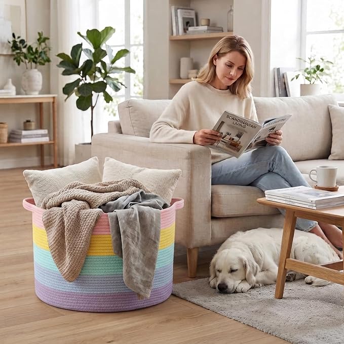 65L Large Blanket Basket,Woven Rope Laundry Basket-Colorful | Collapsible, reinforced handles, nursery storage bin organizes clothes, toys and pillows for living room, bedroom bathroom
