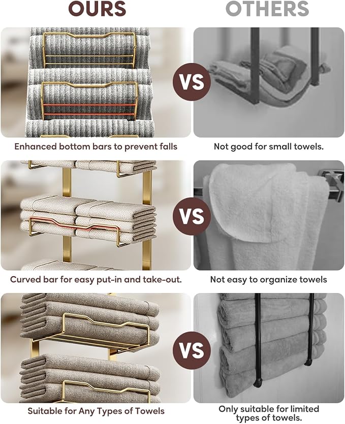 Aetyord Hanging Towel Racks for Bathroom Storage | 8-Tier Over The Door Bath Towel Storage Organizer with Metal Shelf Basket for Small Bathrooms RV Camper Gold
