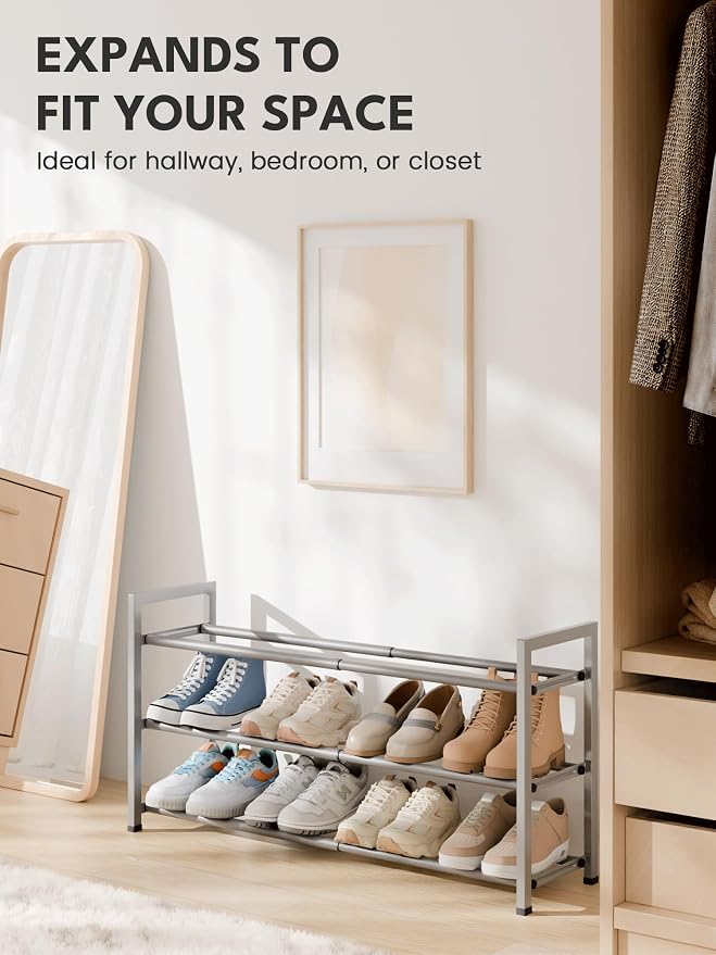 Bumusty 3 Tier Expandable Shoe Rack for Closet, Light Grey | 18"-33" Adjustable Shoe Rack for Entryway, Small Shoe Organizer for Dorm, Front Door, Sturdy Metal