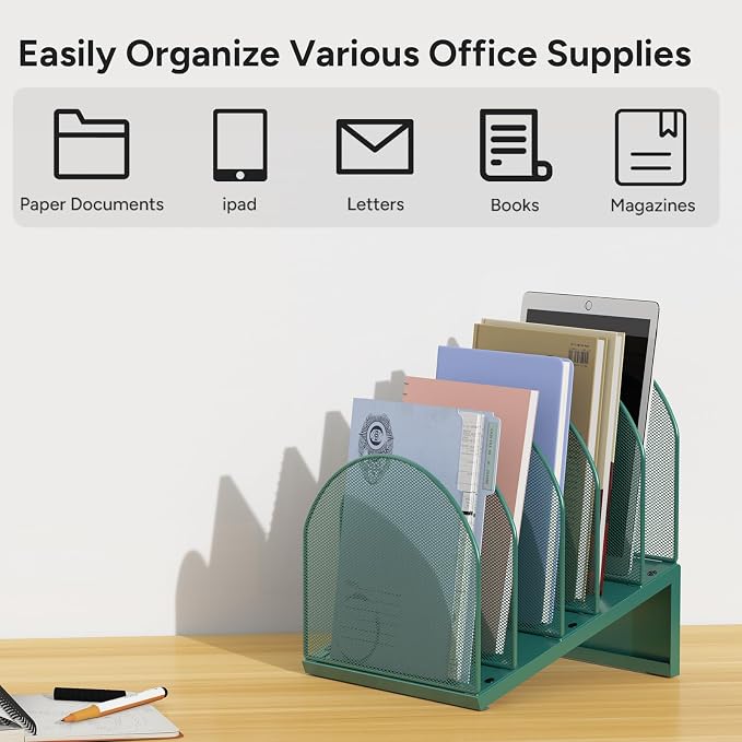 5-Section Desk File Organizer | Metal Mesh Folder Organizer for Documents, Mail & Office Papers (Green)