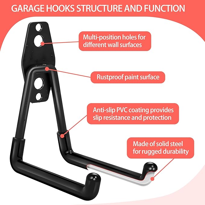 28 Pack Garage Hooks Heavy Duty with Non Slip PVC Coating | Garage Storage and Organization Ladder Hooks for Hanging Bike，Ladder，Garden Tools，Hose