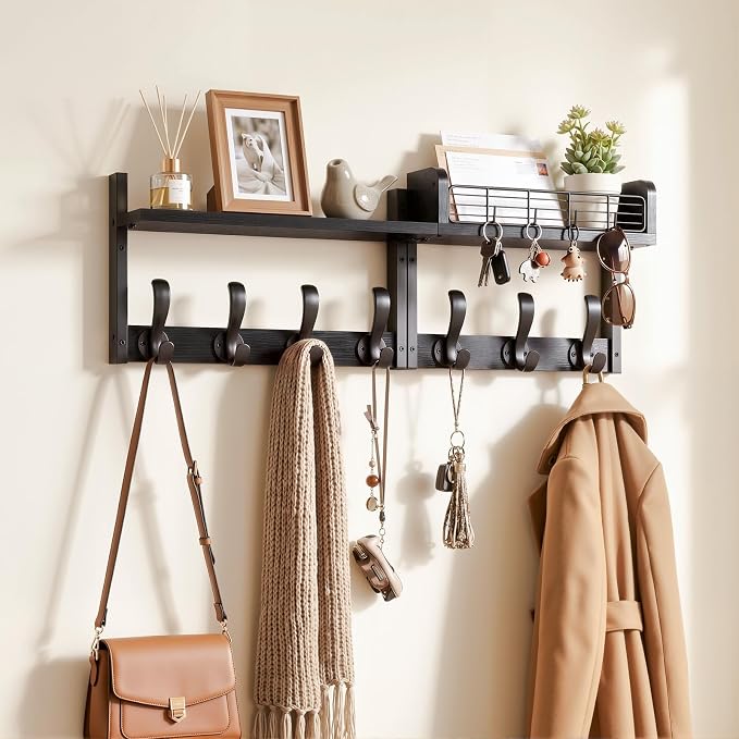 Delamu 29" Wall Mounted Coat Rack with Shelf, 4 in 1 Wall Shelf with 11 Hooks, Entryway Coat Hanger Wall Mount for Living Room and Bedroom, Black