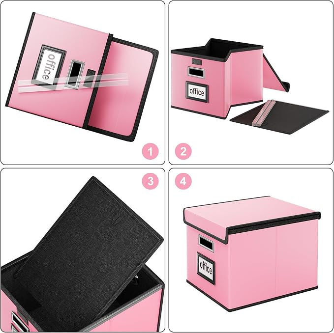 File Organizer Box with Lids, Collapsible File Folder Organizer | File Box with Plastic Slides for Document, Filing Bin for Letter Size Hanging File Folders (4 Pack, Pink, Leather)