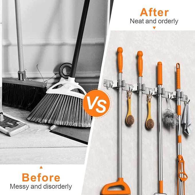 CUXIXA Mop and Broom Holder Wall Mount, Upgraded Broom Organizer Wall Mount, Stainless Steel Broom Hanger Wall Mount for Home Kitchen Garden Laundry Garage (4 Racks with 5 Hooks Silver)