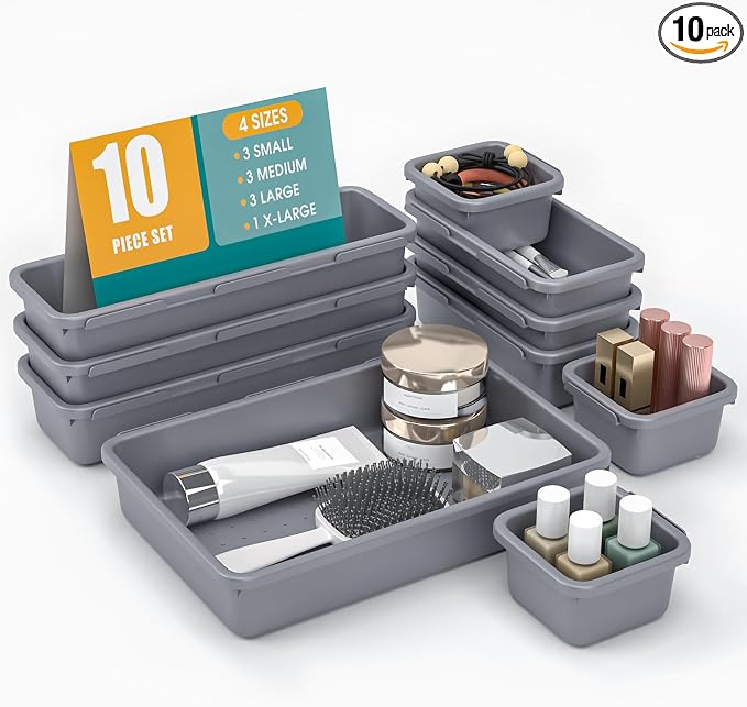 10 PCS Drawer Organizer Set, 4 Size Makeup Drawer Divider Organizer With Non-Slip Pads, Interlocking Plastic Storage Bins for Office,Jewelry Vanity,Gadgets, Bathroom,Kitchen, Grey