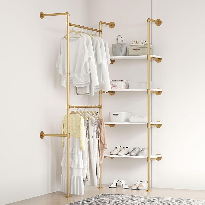 Industrial Pipe Clothing Rack | Hanging Rods Clothes Rack with Shelves, Clothes Rack for Wardrobe, Corner Closet System for Walk in Closets