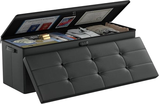 DocSafe Storage Ottoman Bench,Fireproof＆Waterproof Folding Bench with Lock(15”x 43”x15”),Leather Storage Chest with Handles＆2 Extra Boxes,Ottoman Safe for Bedroom,Living Room,Home Office,Black