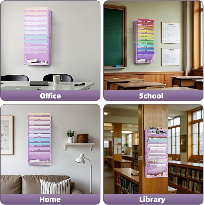 Marbrasse Wall File Holder 11-Tier Hanging Wall File Organizer, for Papers, Files Clipboard & Magazine Organizer, Wall Mount File Holder Great for Office Home (Purple)