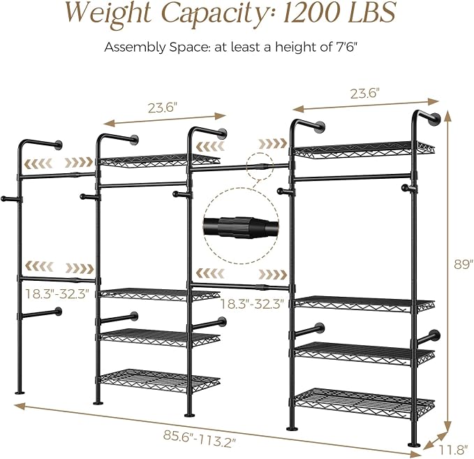 Closet Organizers and Storage, 4-Row Heavy Duty Clothes Rack for Hanging Clothes, Wall Mounted Closet System with 4 Telescopic Rods, 2 Fixed Rods, 5 Hooks, 8 Shelves for Wardrobe, Bedroom, Small Space