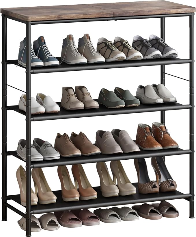 INGIORDAR 5 Tier Shoe Rack Storage Organizer Shelf Top with MDF Board | Space-Saving,with 3 Layer Fabric,stores 20+Pairs of Shoes for Closet,Entryway,Bedroom,Living Room Garage,Black+Rustic Brown