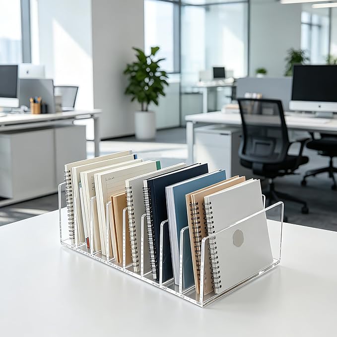 8 Compartments Clear Acrylic Mail Holder – Vertical Letter Sorter & Multifunction Desk Organizer for Bills, Documents, Notebooks – Modern Office/Home Envelope File Rack