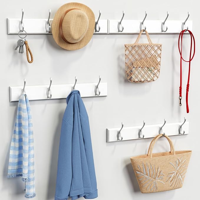Forbena White Coat Rack Wall Mount 4-Pack, Coat Hanger Wall Mounted for Hanging Clothes Purse, Modern Key Holder Hooks for Closet Hat, Belt, Bag, Backpack, Leash (White and Silver - 16 Hooks)