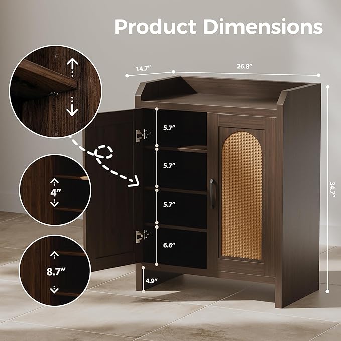 Shoe Cabinet Storage for Entryway, Natural Rattan Storage Cabinet, Wooden Shoe Rack, Farmhouse Boho Wood Shoe Organizer Cabinet for Hallway Walnut