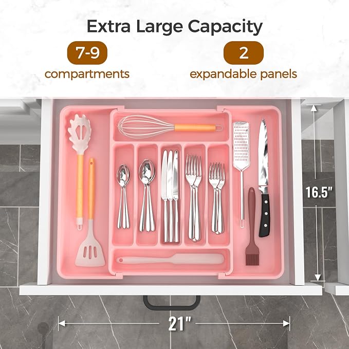 ukeetap Extra Large Expandable Silverware Organizer, BPA-Free Food-Safe Cutlery Flatware Organizer, Kitchen Utensil Drawer Organizer, Adjustable Silverware Holder for Spoons Forks Knives, Pink