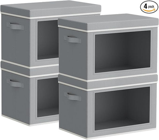 Storage Bins with Lids - Small Fabric Organizers with Window, Collapsible Storage Bins for Clothes, Decorative Closet Organizers for Towels, Tshirt, 4 Pack, Grey