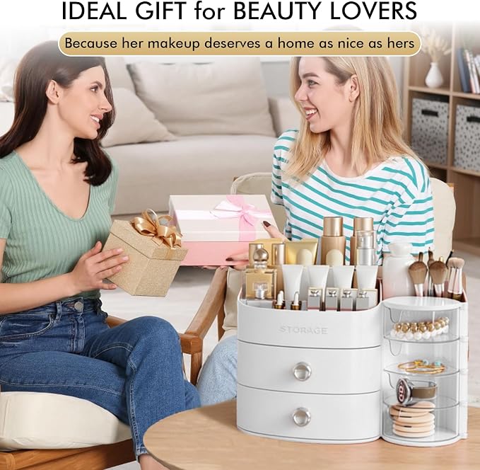 Makeup Organizer Countertop with Drawers, Make up Organizers for Vanity | Skincare Jewelry Earring Organizers, Cosmetic Display Cases Makeup Storage for Bathroom|Dresser, Ideal Gifts for Women(White)