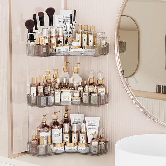 Asayuee 3-Tier Corner Bathroom Counter Organizer with Top Toothbrush Holders,Large Makeup Organizer Countertop with Brush Holder,Skincare Organizers Corner,Exquisite Vanity Organizer (Gray, 3 Tier)