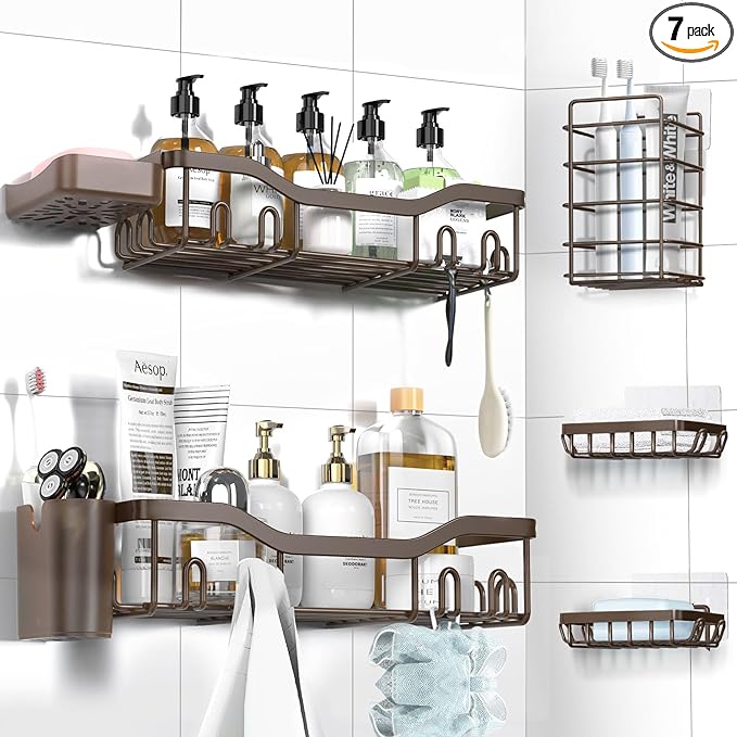 NESOMI Shower Caddy Adhesive Shower Organizer 7-Pack, Rustproof Stainless Steel Bathroom Shelves, Large Capacity No-Drill Rack Storage Accessories with Soap Dish Toothbrush Holder Hooks