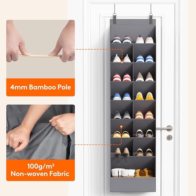 Lifewit 8 Tier Over the Door Shoe Organizer with 15 Large Deep Pockets, Fabric Hanging Shoes Shelf for Closet, Dorm Storage, Fit Up to 16 Pair Shoe Rack Holder for Sneakers, Boots, Gray
