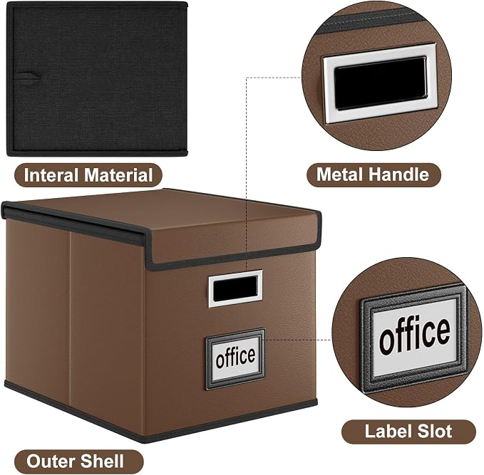 File Organizer Box with Lids, Collapsible File Folder Organizer | File Box with Plastic Slides for Document, Filing Bin for Letter Size Hanging File Folders (1 Pack, Dark Brown, Leather)