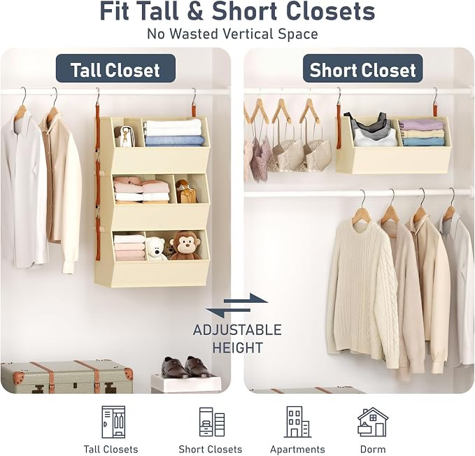 Hanging Closet Organizer Extra Large, Clothes Hanging Shelves for Closet with Divider, Collapsible Closet Storage System, Fabric Storage Bins for Home, Dorm, Rv, Sweaters, Handbags, Underwear, Sock