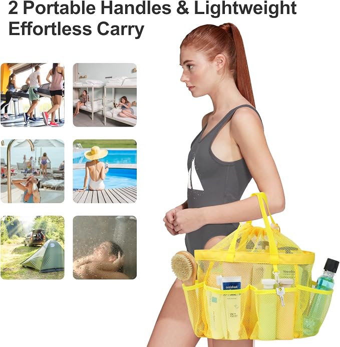 Mesh Shower Caddy Portable with Drawstring - 2-Handle Shower Bag for Dorm | 8 Deep Pockets, S-Hook, Quick-Dry Mesh, College Dorm Room Essentials for Girls, Camping, Gym, Travel, Yellow