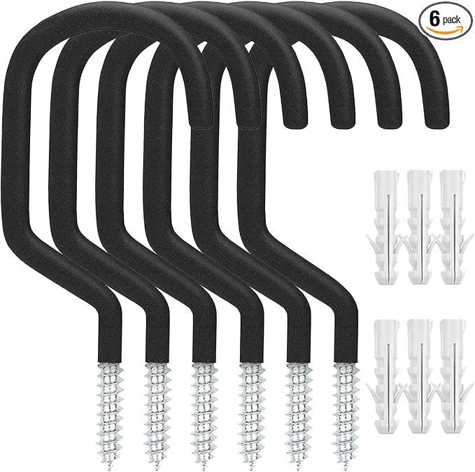 6 Pack Heavy Duty Garage Bike Storage and Utility Hooks-5.7 Inches | Vinyl coated, Anti slip, Stainless steel, Anti rust, Garage Wall, Ceiling Hooks for Hanging Bicycle, Hose, Cord, Garden Tools