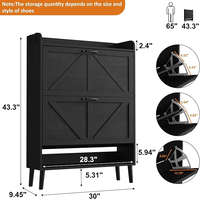 HOMEFORT Shoe Storage Cabinet for Entryway, 30" Freestanding Organizer with Two Flip Drawers, Narrow Hidden Shoe Rack with Wood Legs, Farmhouse Shoe Cabinet for Front Door Entrance,Black