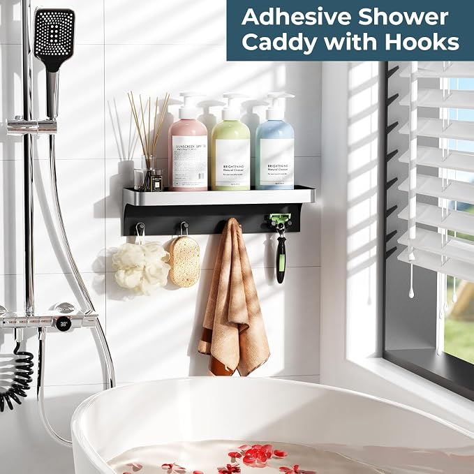 Shower Caddy Adhesive with 5 Hooks & Drainage, No-Drill, Silver | Plastic Wall Bathroom Shelf Rack Organizer, Inside Shower Storage Holder for Bath Accessories, Rustproof Bathroom Shelves