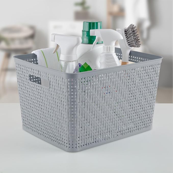 Sterilite 18 Pack Plastic Storage Bin Organization Containers, Tall Baskets, Cement