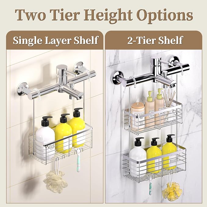 DELLAN Hanging Shower Organizer, Shower Rack with Hooks Over the Door | Bathroom Shower Caddy and Basket