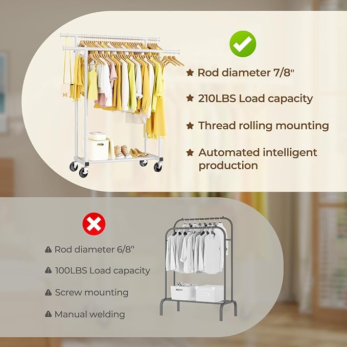 HYSEYY Double Rods Clothes Rack, Rolling Clothing Rack for Hanging Clothes Portable Wardrobe Rack, Metal Garment Rack Sturdy Coat Rack for Bedroom Laundry Living Room, White